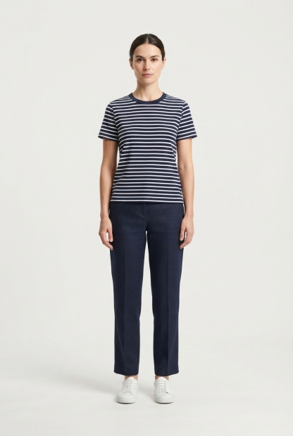 Classic navy striped women's cotton blend T-shirt on model