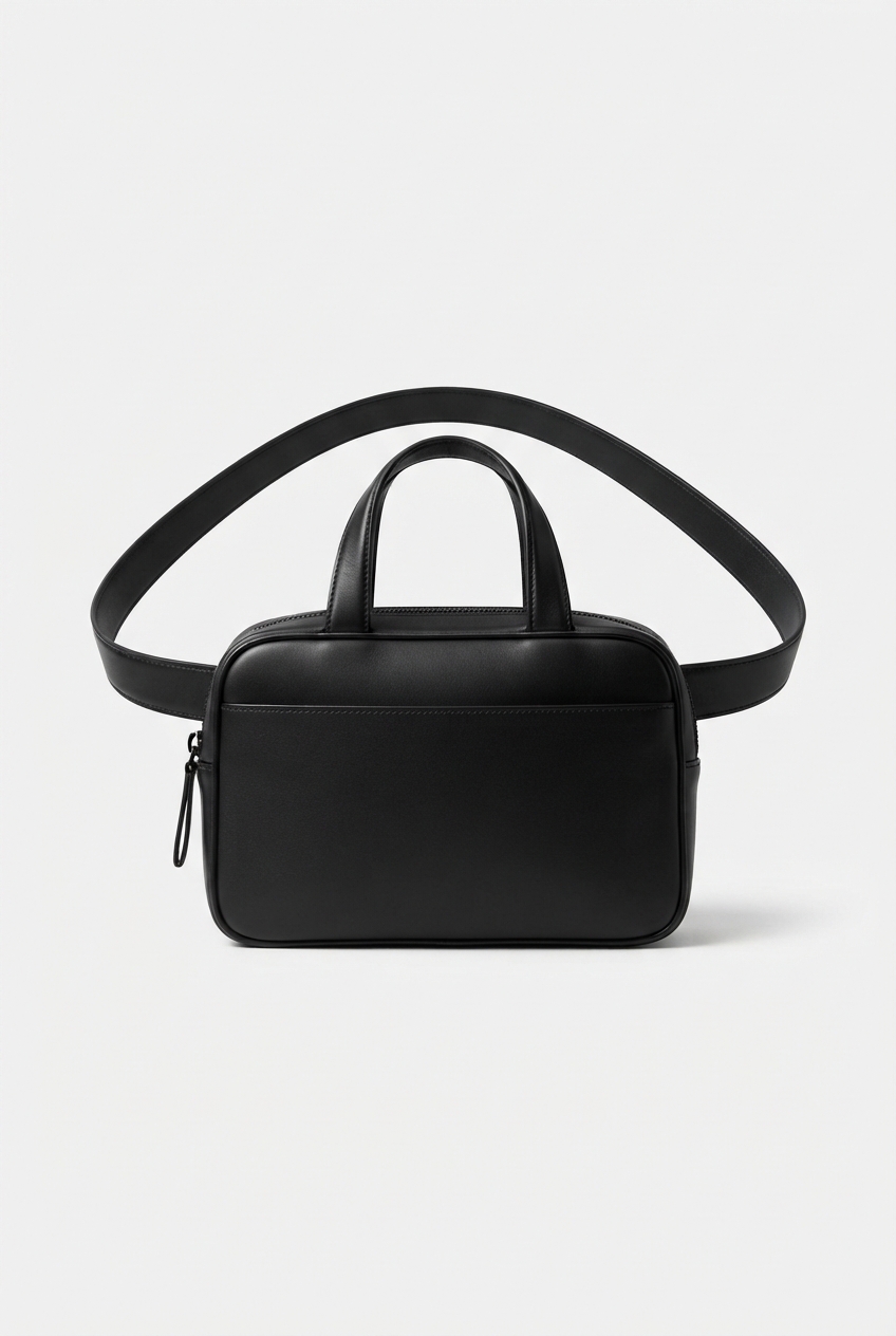 Black belt bag centered on matte off-white surface