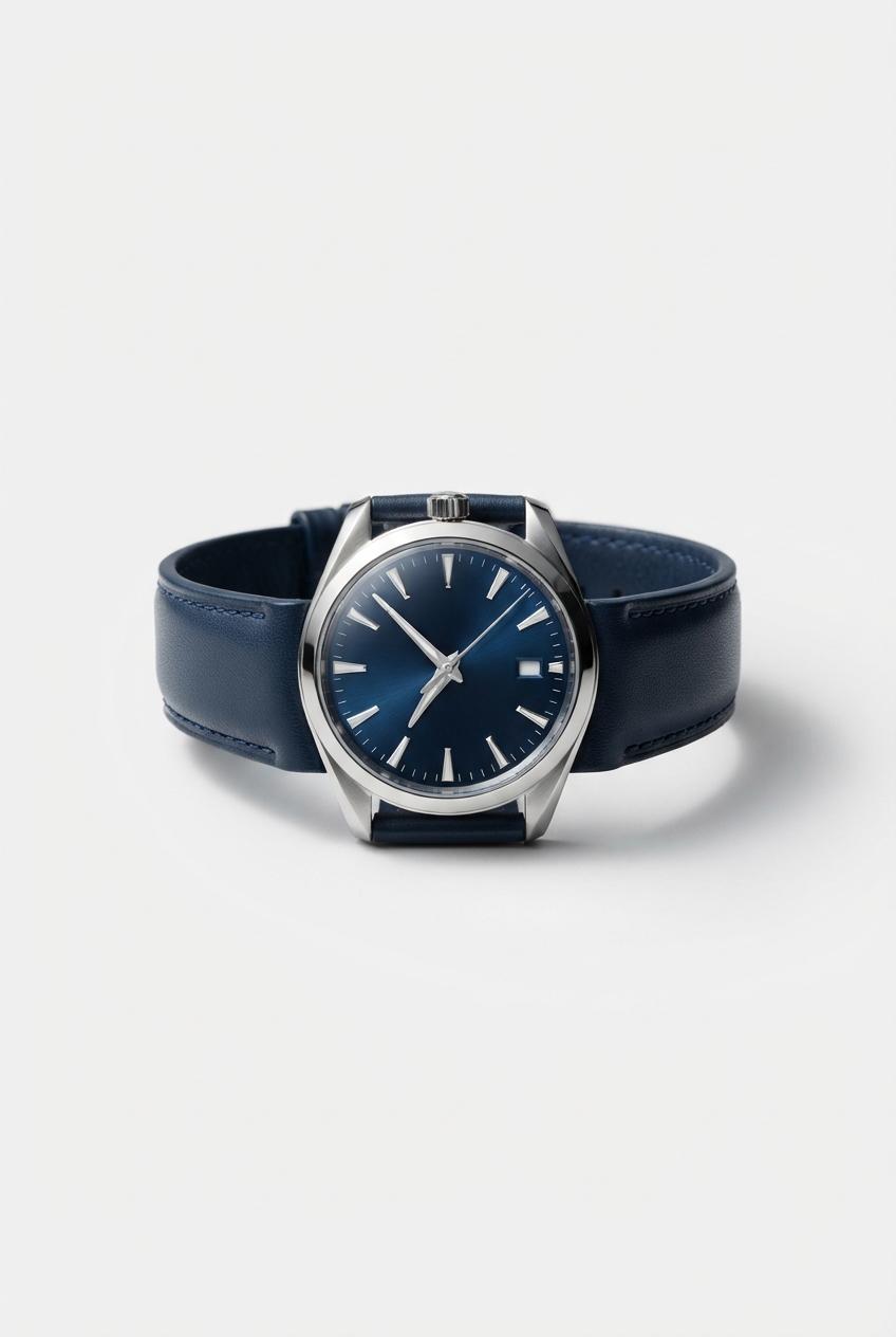 Blue sporty chronograph wrist watch on clean studio background