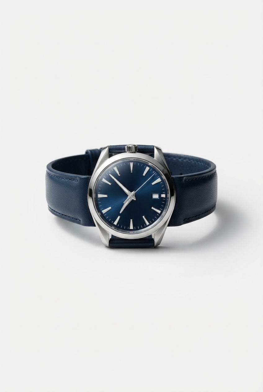 Blue sporty chronograph wrist watch on clean studio background