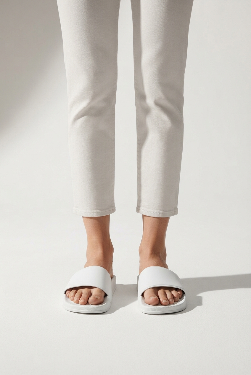 White women platform slide sandals modeled in studio