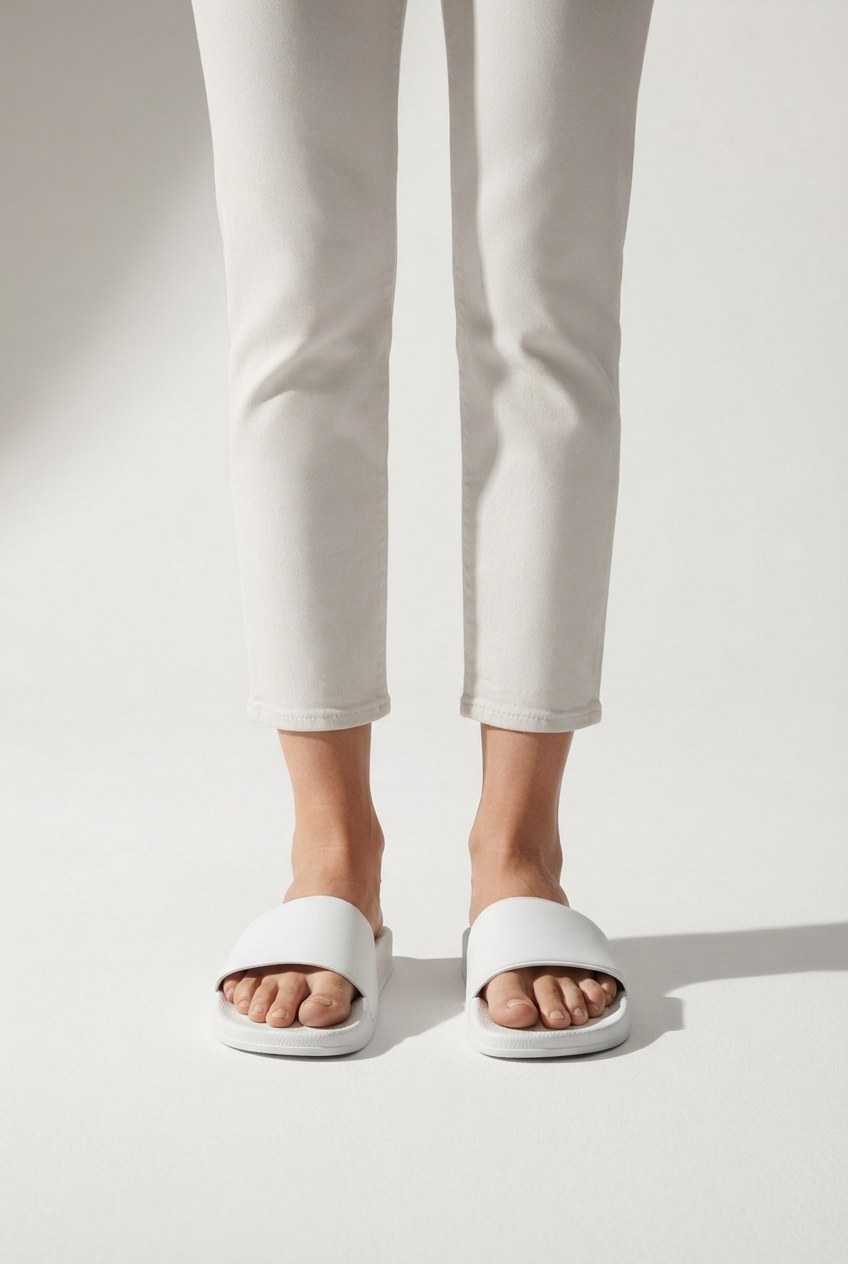 White women platform slide sandals modeled in studio