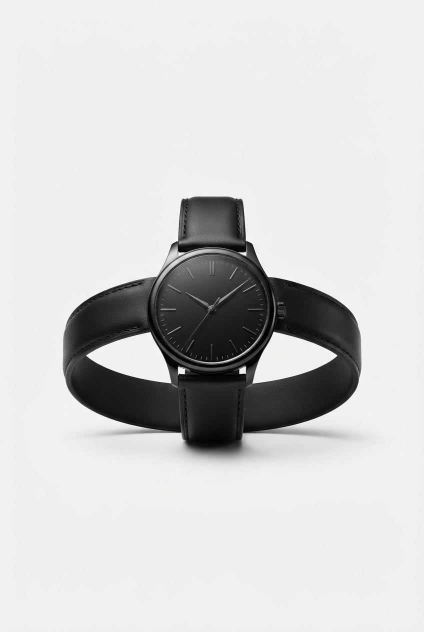 Minimalist black leather band wrist watch on neutral studio background