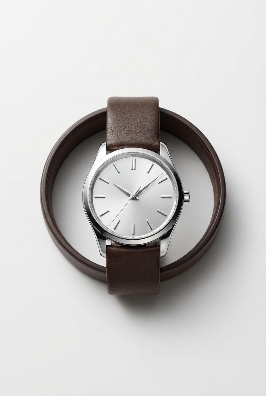 Slim silver bracelet watch centered on matte studio backdrop