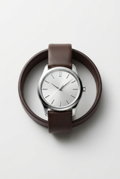 Slim silver bracelet watch centered on matte studio backdrop
